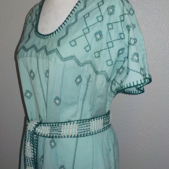 ZARA MS SIZE SMALL LIGHT GREEN / TEAL EMBROIDERED BELTED WAIST CAFTAN DRESS - Picture 6 of 13